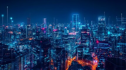 Fototapeta premium Futuristic Cityscape with Neon Lit High Rise Buildings and Intricate Digital Infrastructure