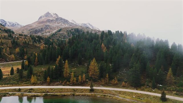 Aerial footage of Obersee Lake with mist rising through the autumn forest at Staller Sattel. The camera glides over the lake and towards the mountains, highlighting vibrant fall colors.