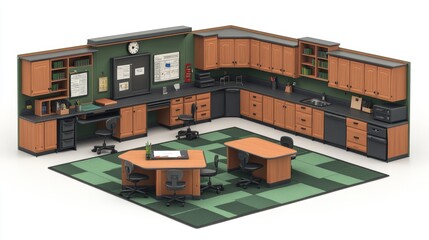 Obraz premium Modern Office Kitchen Design with Wooden Cabinets and Green Carpet