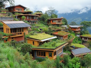 Obraz premium A community of eco-friendly homes built into the hillside, with living roofs and rainwater harvesting systems.