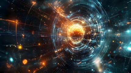 Quantum Superposition Computer Visualizing Intricate Data and Holographic Geometries in Futuristic Cyberpunk Inspired Laboratory