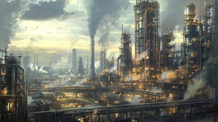 Fototapeta premium An expansive industrial plant exterior with large machinery and towering structures in the background.