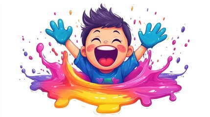 Happy Kid Playing with Colorful Paint Splashes Joyful Celebration