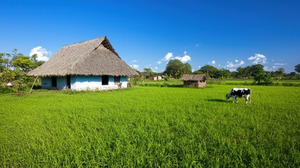 Obraz premium Tranquil Countryside Scene with Traditional Home and Cow