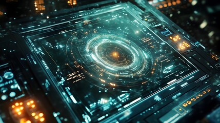 Obraz premium Futuristic Quantum Navigation System with Holographic Interface and Intricate Control Panels