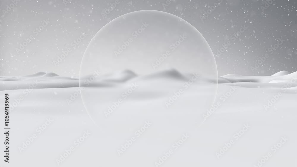 Wall mural snowy winter landscape with copy space sphere and loop snowfall.