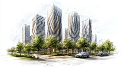 Sketch of a Cityscape with Tall Buildings and Trees