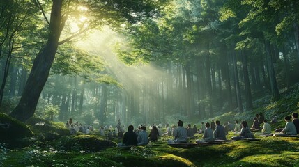 Group of people meditating in a serene forest with sunlight streaming through the canopy.  Concept of mindfulness, peace, and nature.