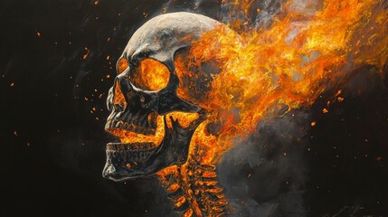 Burning skull with fiery flames. Dark concept art of death, danger, fire, danger, death, horror, and darkness