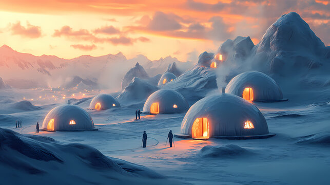 Traditional inuit village with igloos, surviving and thriving in extreme conditions. Inuit Ice Village. Illustration