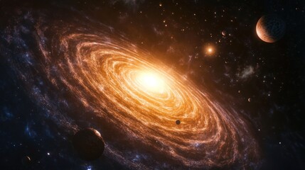 Obraz premium A multicolored galaxy with planets and stars orbiting within its spiral arms.