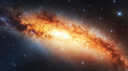A star-filled galaxy glowing in the night sky, with swirling clouds of interstellar gas and dust.