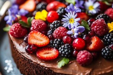 Chocolate Cake with Berries and Flowers