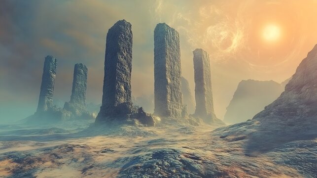 Quantum Archaeology Reconstructing Ghostly Ruins in a Surreal Desolate Landscape with Glowing Artifacts and Fractured Time