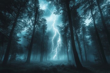A dense forest lit up by flashes of lightning during a storm, casting eerie shadows among the trees.