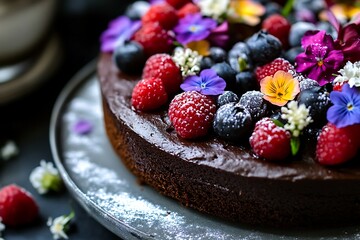 Chocolate Cake with Berries and Flowers