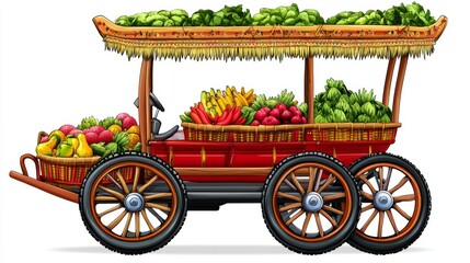 Fresh Produce Cart with Fruits and Vegetables Illustration