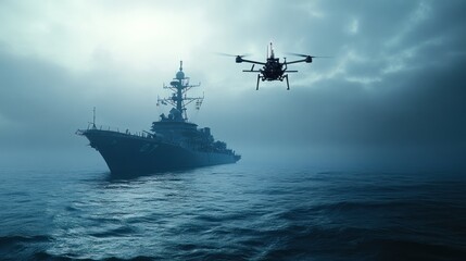 Battleship drone flying above the vessel, capturing real-time surveillance data.