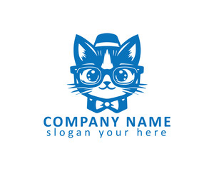 A stylish cat logo featuring a playful kitten with glasses, perfect for a brand seeking charm and sophistication
