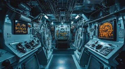 Battleship interior showcasing the complex engineering and control systems of a military vessel.