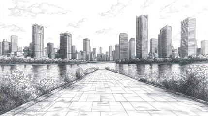 Fototapeta premium A Hand-Drawn Sketch of a Cityscape with a Cobblestone Pathway Leading Towards a Lake and Tall Buildings