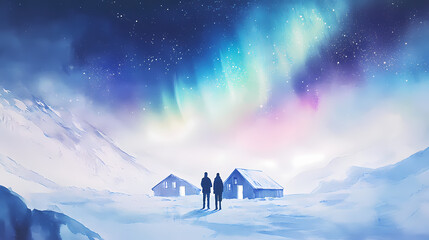 Two residents of the far north are thinking about their home. northern lights over the village. watercolor illustration. Inuit Ice Village. Illustration