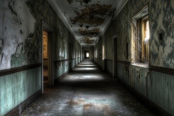 A dilapidated asylum, with long, dark hallways and peeling wallpaper, giving off a haunting atmosphere.