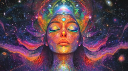 Fototapeta premium Abstract digital painting of a woman's face with a cosmic background. The art is psychedelic, colorful, and vibrant.
