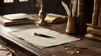 Quill Inkwell and Parchment on a Weathered Oak Writing Desk in a Historical Renaissance Setting