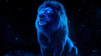 Glowing blue lion with cosmic particles. Abstract illustration of power, strength, and wildness.