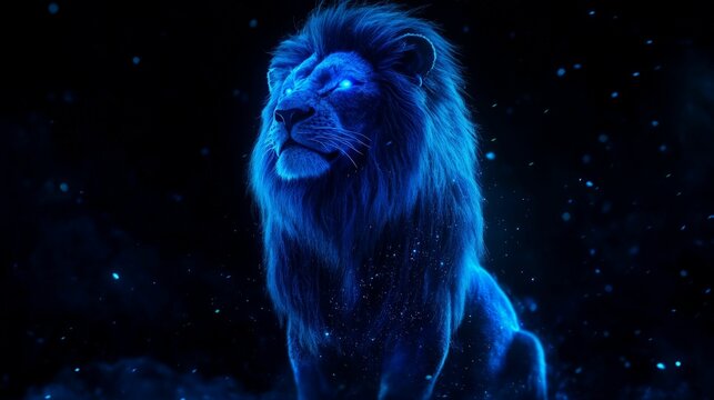 Glowing blue lion with cosmic particles. Abstract illustration of power, strength, and wildness.