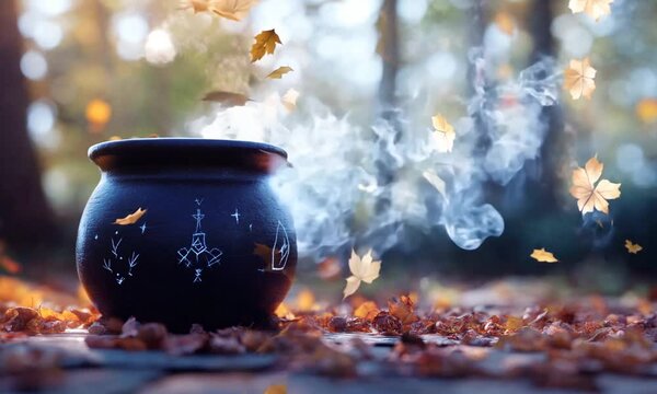 A steaming pot sits among fallen leaves, creating a cozy autumn atmosphere.