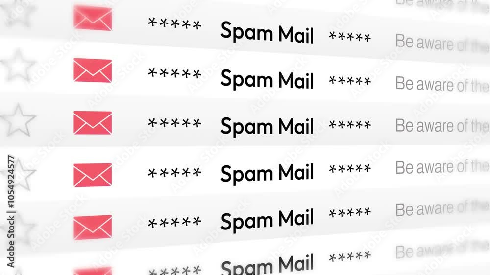 Poster spam email notifications scrolling on a screen side view 4k animation, seamless loop mail. junk or f