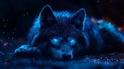 A mystical wolf with glowing blue eyes and fur.