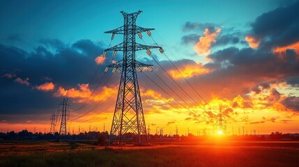Sunset over power lines in a tranquil landscape.