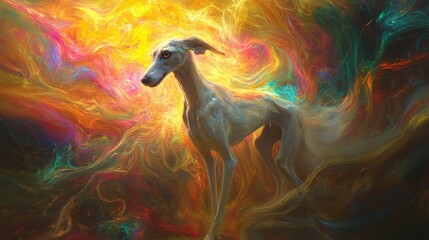 A dog standing in a vibrant and colorful abstract background