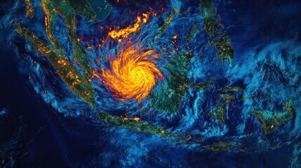 Satellite image of hurricane eye over Thailands coastal region