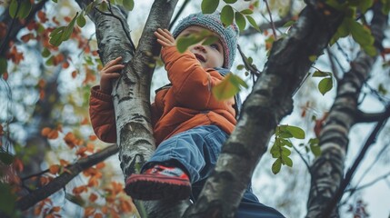 A child climbing a tree, exploring the branches with a sense of adventure