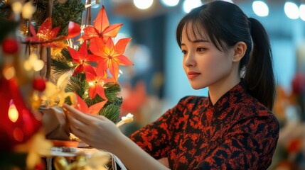Asian artists designing eco-friendly holiday decorations using recycled materials and green manufacturing processes