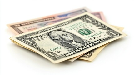 Scattered US dollar banknotes floating, isolated with a white background