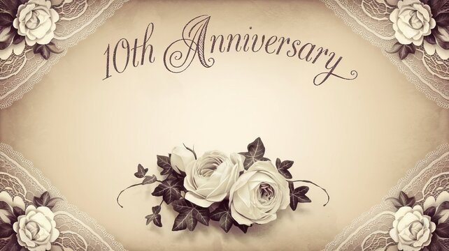 Vintage 10th wedding anniversary card with an elegant lace border and soft sepia tones. At the top, the words '10th wedding anniversary' are handwritten.