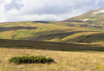 Obraz premium panorama of the mountainous area in the autumn period of the year, yellowed slopes, remnants of snow, dried plants