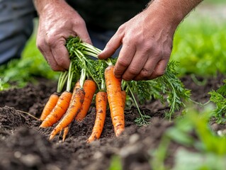 A farmer harvesting organic carrots, pulling bright orange roots from the earth without disturbing the surrounding soil.