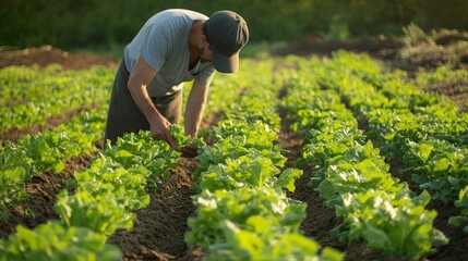 A farmer inspecting organic lettuce plants, free of pesticides and grown using natural fertilizers.