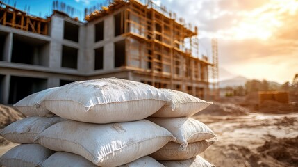 Photograph of white cement bags neatly arranged, surrounded by partially completed buildings.