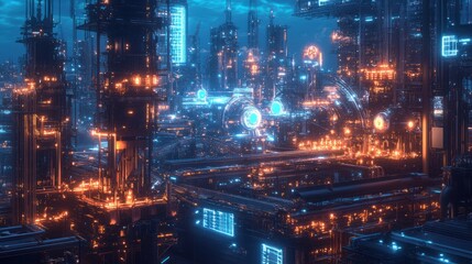 Naklejka premium Digital industrial plant with automated workflows, robots, and real-time monitoring systems.