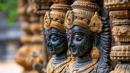 Intricate Sculpture of Hindu Deities in Temple Setting
