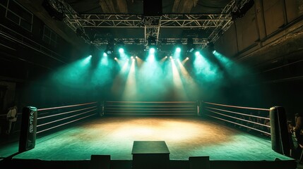 A photo of a wrestling ring in the middle of the field under the spotlight creates excitement for the match.
