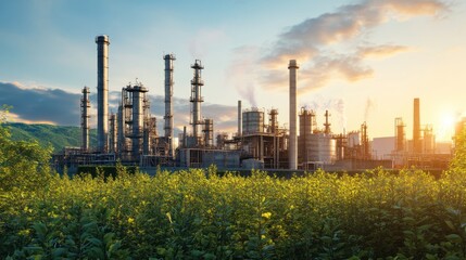 Obraz premium Eco-conscious industrial plant operating in harmony with its surrounding environment.