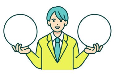 二つの選択肢。制服を着た男子高生が比較をするベクターイラスト素材。